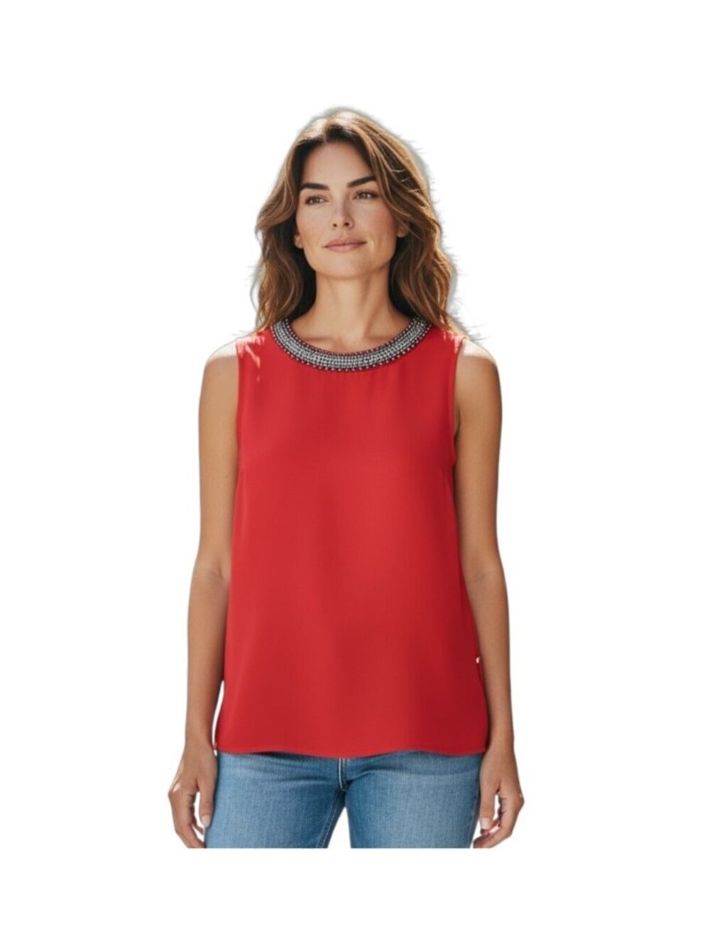 Daniel Rainn Crystal Tank Top~Size Med~Red Sleeveless Vented Sheer Panel~L12 21